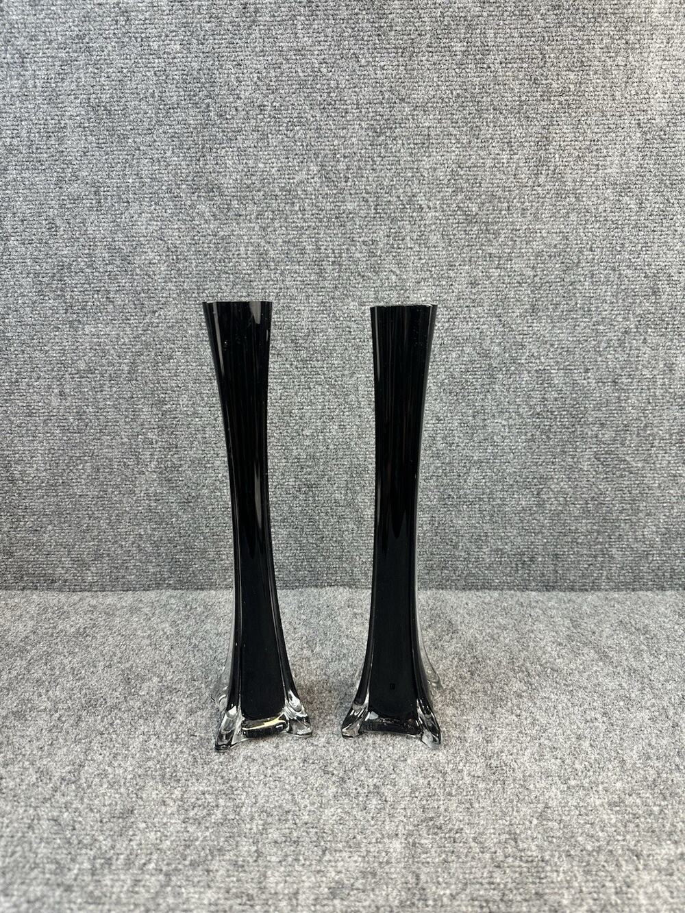 Pair Black Art Glass Bud Vases 12in Tall Slim Elegant Vintage Decor